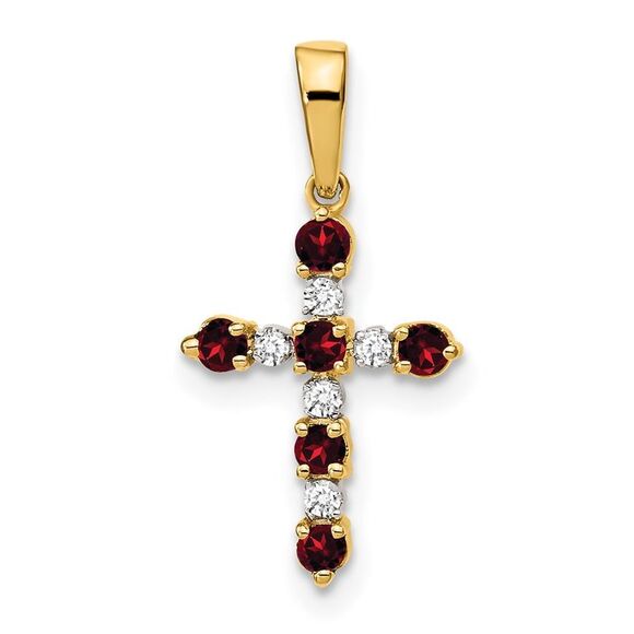 Kazi Luxury 14k Yellow Gold Garnet and Diamond Cross Pendant
